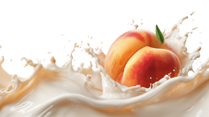 Peach is falling into milk. Splash isolated on transparent background