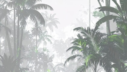 Misty Tropical Forest with Palm Trees and Dense Foliage in Soft Light
