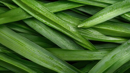 Close up of fresh green leaves. Long shaped leaf plant arrangement. Natural foliage texture. Wet surface with shiny water droplets on leaf structure.