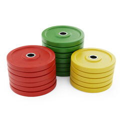 Colorful Weight Plates Gym Equipment Red Green Yellow Fitness Training on transparent background