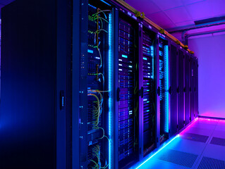 Modern server racks glowing with blue and purple lights in a data center
