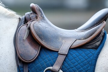 Close up of saddle stirrup on a white horse with blue saddle pad at a riding center in a sunny afternoon, Close up of empty metal stirrup of white horse saddle with blue saddle pad