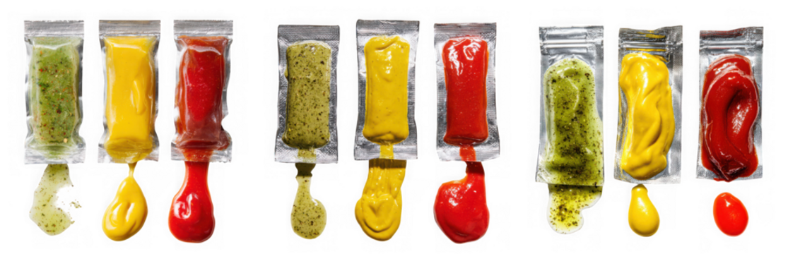 A collection of assorted condiment packets including ketchup mustard and relish are shown with their contents squeezed out isolated on transparent background