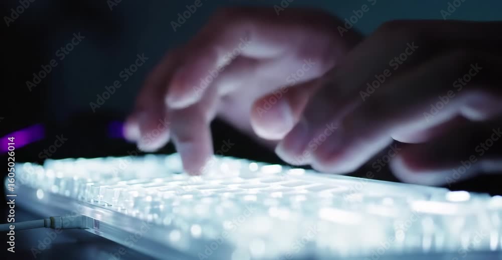 Aufkleber close-up shot of hands typing on a modern, illuminated keyboard in a dimly lit room, showcasing tech
