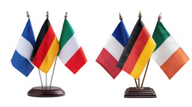 Two sets of small national flags featuring france germany italy and ireland are displayed on wooden bases isolated on transparent background