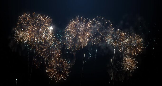 Brightly colorful fireworks for New Years, Christmas, wedding and other events celebration on blue dark sky. Seamless looping 4k