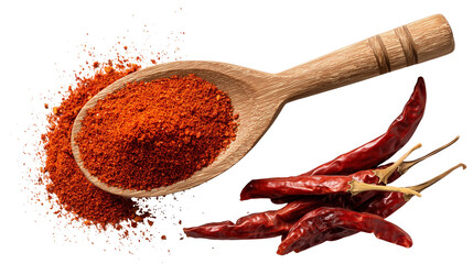 Top view of Close up of red chili powder in a wooden spoon with dried red chilies on a transparent background image