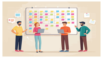 Agile team planning project with task board and sticky notes illustration
