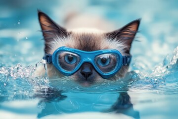 Fototapeta premium Cat in goggles enjoys swimming in water, showcasing a playful side of water sports, goggles cat swimmer water sports
