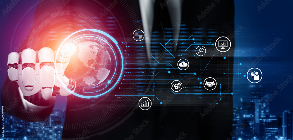 Poster ai artificial intelligence drives data analytics with predictive models, smart dashboards, and virtu