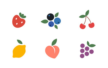 Set hand drawn colorful fruits and berries. Strawberry, Peach, Lemon, Blueberry, Cherry, Grape. Natural tropical fruits. Great for slot machine icons, casino, gambling. Vector illustration icons set