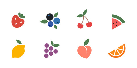 Colorful assortment of fruits and berries, including watermelon, cherry, oranges, peach, strawberry, lemon, blueberry. Modern abstract minimal style. Concept of freshness, with various fruits