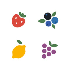 Fruit and berry icons set. Strawberry, blueberry, lemon, grape. Freshness, summer, food concept. Great for stickers, patterns, cards, wallpaper design elements, decor. Flat style vector illustration