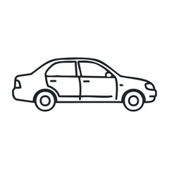 Simple line drawing of a sedan car on white background. Vector illustration
