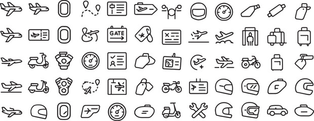 Airport and Transportation Iconography A Diverse Collection of Travel Symbols Representing Planes, Luggage, and Personal Transport Options