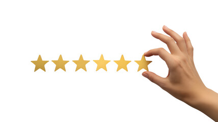 Hand adding gold star to five-star rating; abstract striped background;  customer satisfaction concept; premium quality; business success.