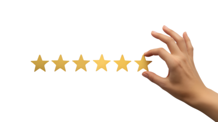Hand adding gold star to five-star rating; abstract striped background;  customer satisfaction concept; premium quality; business success.