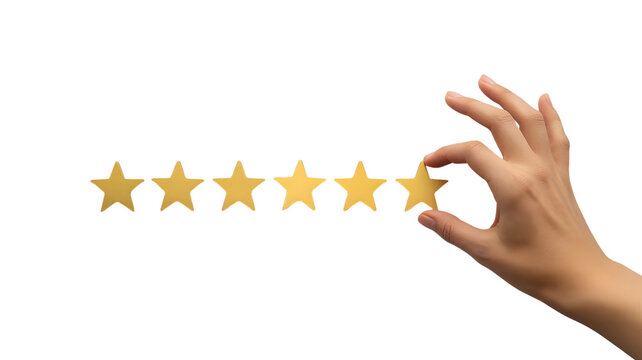 Hand adding gold star to five-star rating; abstract striped background;  customer satisfaction concept; premium quality; business success.