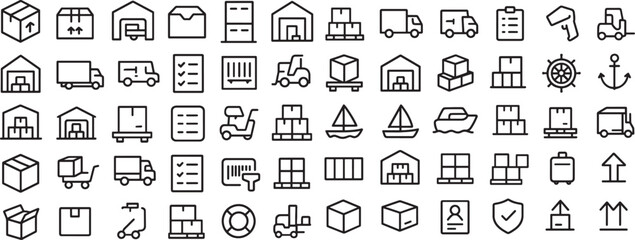 Logistics and Shipping Icon Set Depicting Cargo, Transportation, and Delivery Related Symbols for Supply Chain Management