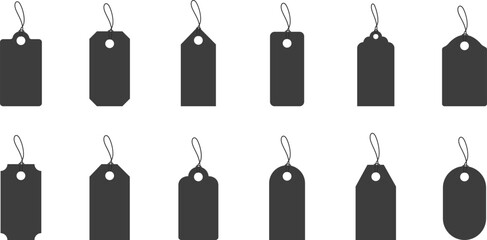 Price tags and labels icon set. Blank black discount tags with string icon isolated on transparent background. Sale tags. Discount black ribbons, banners icon designs. Vector illustration.