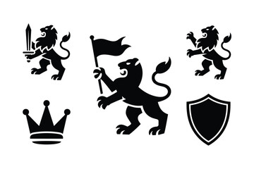 Lion with sword flag and crown silhouette vector