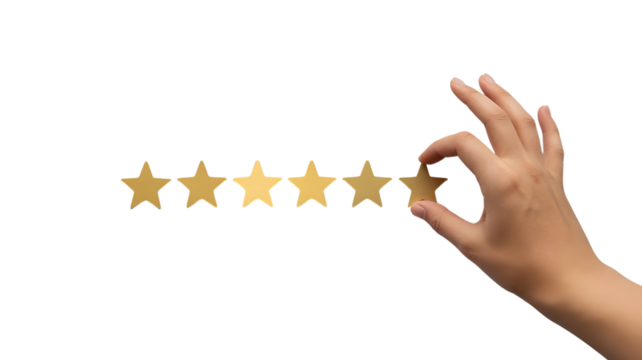 Hand adding gold star to five-star rating; abstract colorful striped background;  positive feedback concept; customer satisfaction; business success.