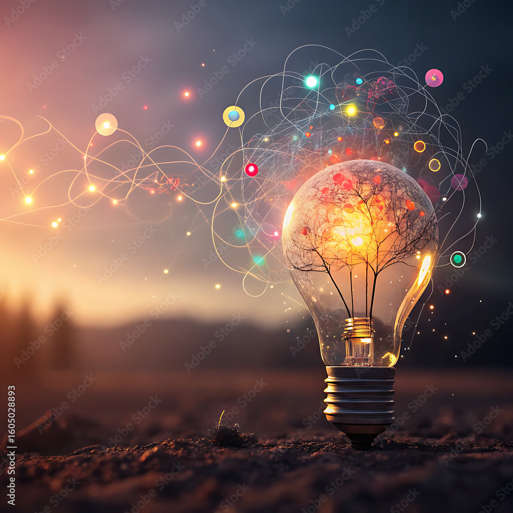 Poster a clear lightbulb stands upright on dark ground, illuminating with vibrant, glowing lines and interc