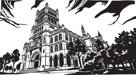 Drawing of a historic building with classical architecture, isolated on a white background. Classical architecture vector.