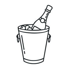 Champagne bottle in ice bucket outline black and white drawing. Vector illustration