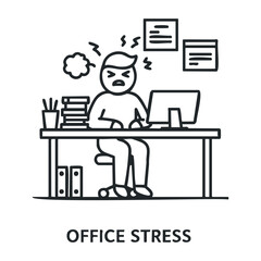 Cartoon illustration of office stress with angry male at desk surrounded by paperwork and computer. Vector illustration