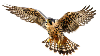 Peregrine falcon soaring with wings spread wide, showcasing its detailed plumage and sharp talons in flight isolated with white background