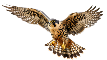 Peregrine falcon soaring with wings spread wide, showcasing its detailed plumage and sharp talons in flight isolated with white background