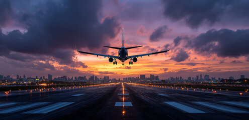 A commercial airplane taking off from an airport runway at sunset, the tarmac and the city in the background. The plane is seen against a dramatic sky with clouds, 