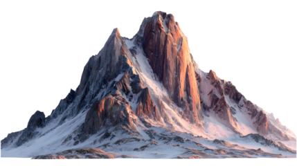Majestic jagged mountain peak with textured rock and snow isolated on transparent background