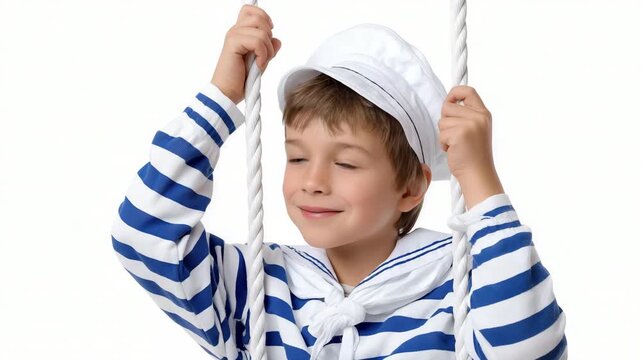 Playful sailor child swinging with joy and imagination in nautical attire