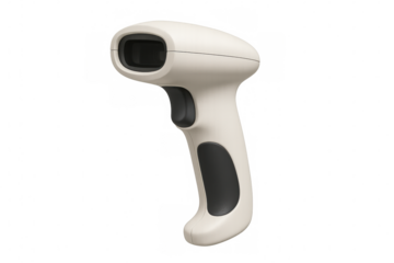 Ergonomic handheld barcode scanner with streamlined design, resting on transparent background for professional retail scanning applications