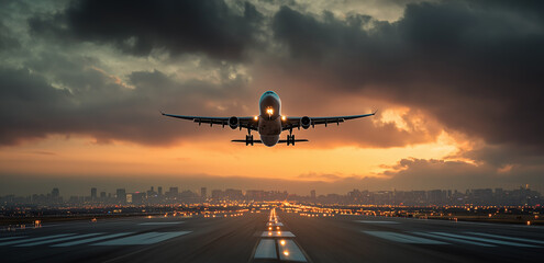 A commercial airplane taking off from an airport runway at sunset, the tarmac and the city in the background. The plane is seen against a dramatic sky with clouds, 