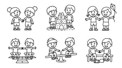 Charming Line Art of Children Playing Together on Playground Equipment on Transparent