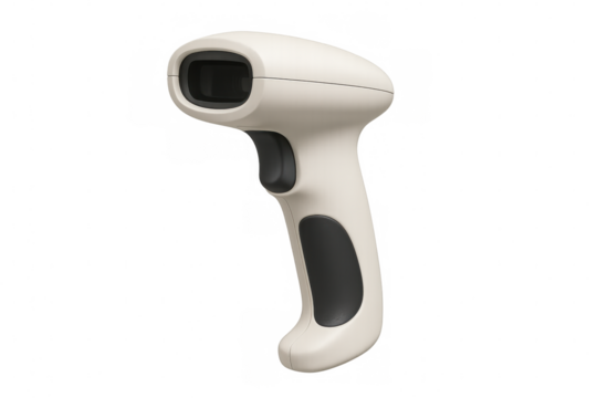 Ergonomic handheld barcode scanner with streamlined design, resting on transparent background for professional retail scanning applications