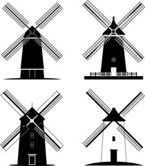 Fototapeta premium Four black silhouette windmills with white backgrounds and detailed sails vector 1