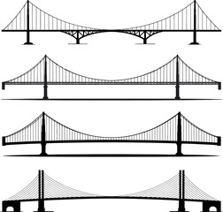 Fototapeta premium Four black silhouette suspension bridges and arch bridges on white background black and white
