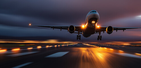 A commercial airplane taking off from an airport runway at sunset, the tarmac and the city in the background. The plane is seen against a dramatic sky with clouds, 