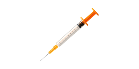 Medical Syringe With Orange Plunger. Healthcare And Vaccination Concept Isolated On Transparent Background
