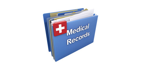 Medical Records Folder With Cross Symbol. Healthcare Documentation And Patient Information Management Isolated On Transparent Background