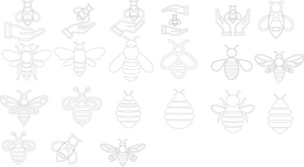 Art & IllustBee icon set.Honey bee icon vector silhouette illustration isolated on white background.Whimsical bee icons set.Set of cute bee illustration designs.set of party.Linear style nature,ration