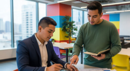 Two diverse colleagues collaborating on a project in a modern office setting