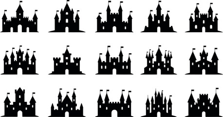 Collection of black silhouette fairytale castles with flags on white background medieval architecture