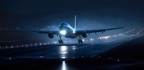 A commercial airplane taking off from an airport runway at sunset, the tarmac and the city in the background. The plane is seen against a dramatic sky with clouds, 