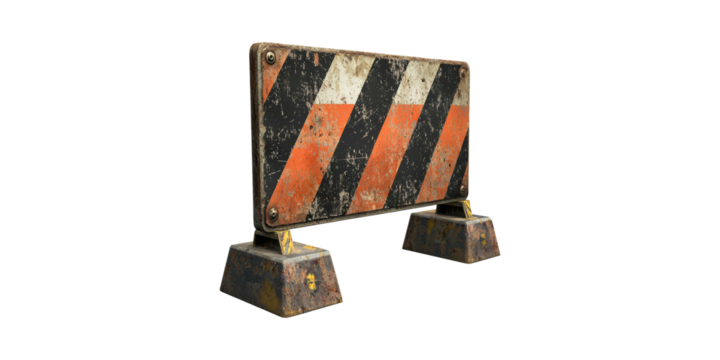 Weathered Construction Barrier With Diagonal Stripes. Safety And Traffic Control Equipment Isolated On Transparent Background