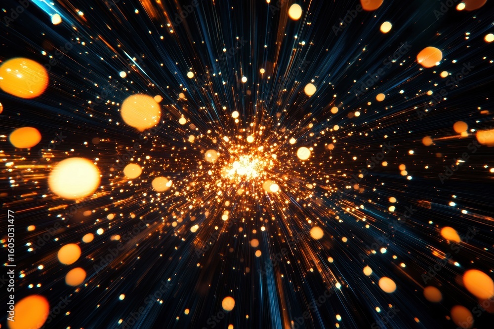 Poster exploring the vastness of space through vibrant star fields and swirling lights, abstract background